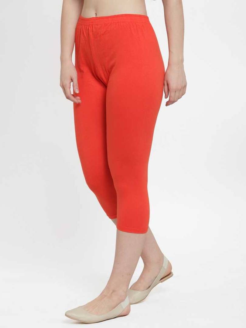 Stylish Leggings Solid Skin Fit Orange Cotton Spandex Capri For Women & Girls